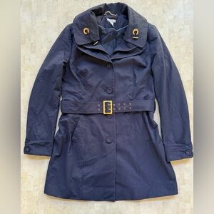 CACHE Womens‎ Trench Coat Rain Jacket Sz L Navy Blue Gold Hardware Belted Waist